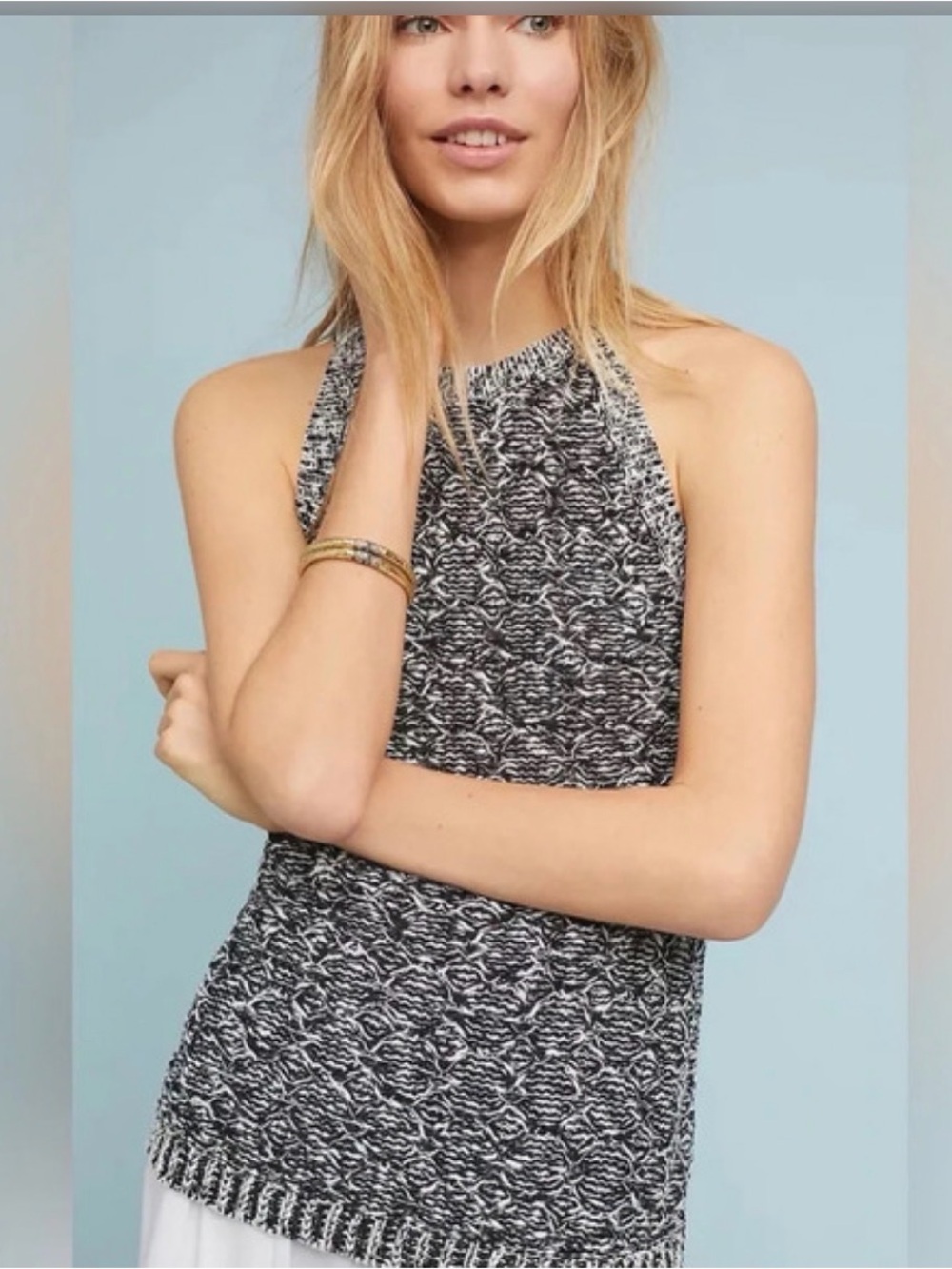 A01 Moth Anthropologie Black & White Halter Knit Top